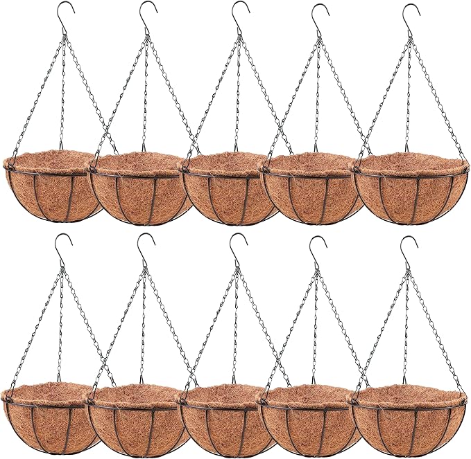 LaLaGreen Hanging Baskets for Outdoor Plants (10 Pack, 14 Inch) Large Hanging Planter with Coco Liner Round Flower Pots, Black Metal Wire Plant Holder Hook Deck Porch Garden Balcony Farmhouse Decor