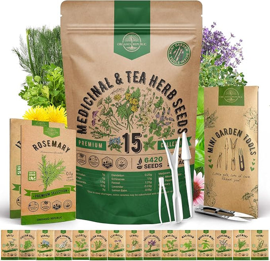 Organo Republic 15 Medicinal & Tea Herb Seeds Variety Pack 6,420+ Non-GMO Heirloom Garden Seeds for Indoor & Outdoors, Including Anise, Borage, Cilantro, Chamomile, Dandelion, Rosemary Seeds