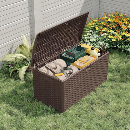 120 Gallon Waterproof Large Resin Deck Box Indoor Outdoor, Lockable Storage Container for Patio Furniture Cushions, Throw Pillows, Garden Tools, and Pool Floats, Brown