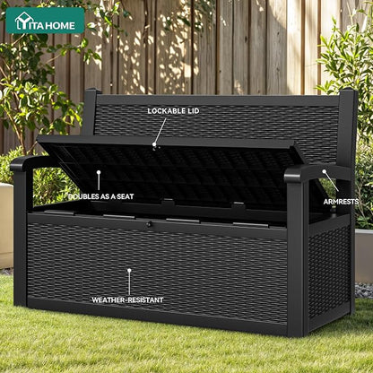 YITAHOME 70 Gallon Deck Bench with Storage | Outdoor Storage Box Bench with Armrests for Patio Garden Pool Porch , Waterproof&Lockable, Black