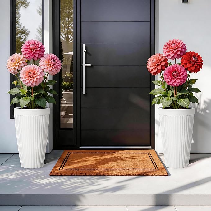 2-Pack 20" Matt White Resin Tall Planters with Fluted Texture | Set of 2 resin tall planters with ceramic look, fluted texture, drainage plugs, and UV-resistant finish for porch or patio