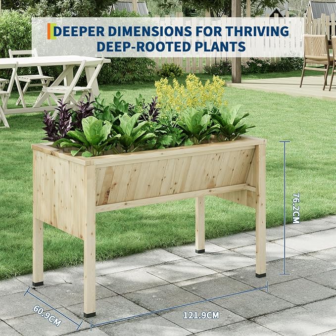 3.8x2x2.5 Ft Elevated Wooden Raised Garden Bed with Legs & Hooks - Outdoor Standing Planter Box for Vegetables, Herbs, Flowers - Natural Cedar Raised Garden Beds for Backyard, Patio, Balcony