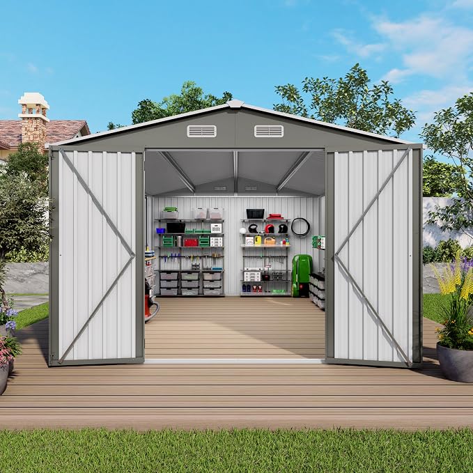 YOPTO 10x14 FT Large Outdoor Storage Shed,Durable Metal Garden Shed with Three Lockable Doors and Two Windows,Waterproof Tool Shed for Backyard Patio,All-Weather Shelter for Bike,Lawn Mowers,Grey