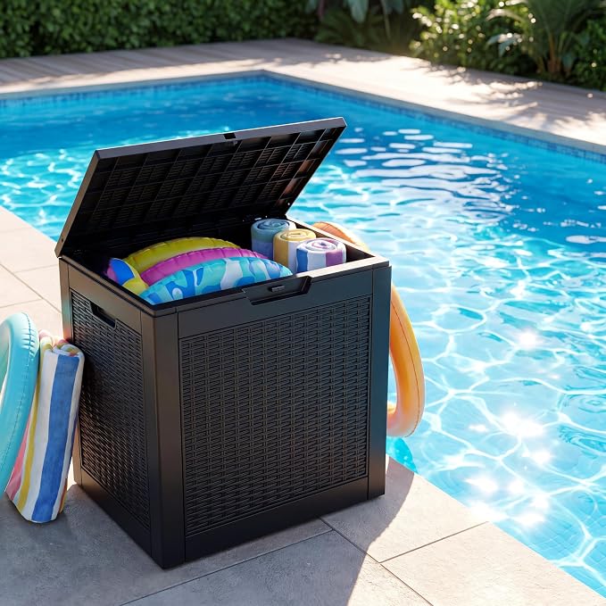 NicBex 30 Gallon Deck Box, Waterproof Resin Rattan Outdoor Storage Box Lockable for Patio Furniture, Fade Resistant Patio Side Table & Organizer for Garden Tools, Pool Floats, Outdoor Cushions, Black