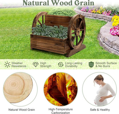 OIPRTGFJ Wooden Wagon Planter Box, Garden Planter with Wheels,Decorative Planter for Flowers Herbs Vegetables for Indoor & Outdoor Décor, Flower Cart for Patio Garden Balcony