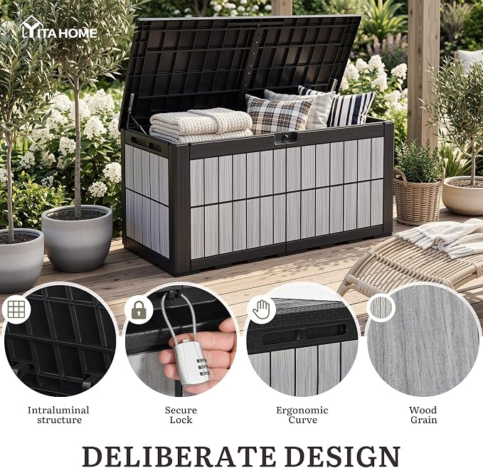 YITAHOME 134 Gallon Large Deck Box | Waterproof Resin Outdoor Storage Box with Lock, Doubles as Bench Seating for Patio Furniture Cushions,Garden Tools & Pool