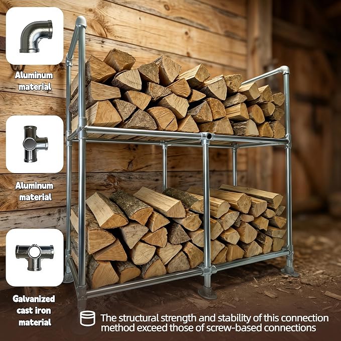 6ft Heavy Duty Tall Firewood Rack with Dual-Tier Structural Design | Constructed with Galvanized Steel Pipes and Featuring a Firewood Rack Cover,Load-bearing Capacity 3,500 lbs,Indoor/Outdoor