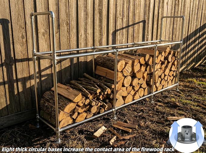 8ft Heavy Duty Tall Firewood Rack with Dual-Tier Structural Design | Constructed with Galvanized Steel Pipes and Featuring a Firewood Rack Cover,Load-bearing Capacity 4,800 lbs,Indoor/Outdoor