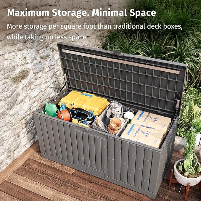 EAST OAK 120 Gallon Outdoor Storage Box | Large Resin Deck Box with Reinforced Stainless Steel Support | Waterproof & UV-Resistant Patio Storage Box for Cushions, Garden Tools & Accessories, Grey