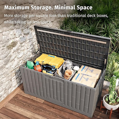EAST OAK 120 Gallon Outdoor Storage Box | Large Resin Deck Box with Reinforced Stainless Steel Support | Waterproof & UV-Resistant Patio Storage Box for Cushions, Garden Tools & Accessories, Grey