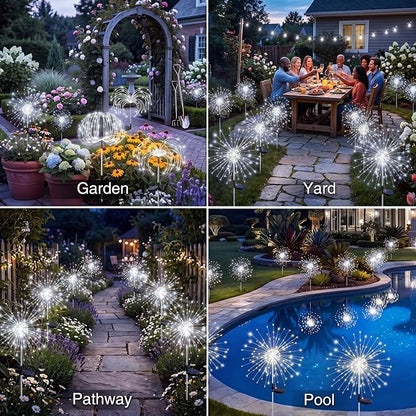 btfarm 4 Pack 120 LED Solar Garden Lights Outdoor, 8 Modes Firework Lights Solar Powered, Waterproof Twinkle Fairy Light Outside for Yard Patio Pathway Pool Christmas Party Decorative, Cool White