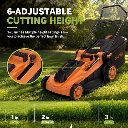 Garvee Cordless Lawn Mower, 17-Inch Battery Powered Electric Push Mower, 2-in-1 Mulching & Bagging, 6 Cutting Heights, 40L Grass Bag, Lightweight Walk-Behind Mower for Small to Medium Yards, Orange