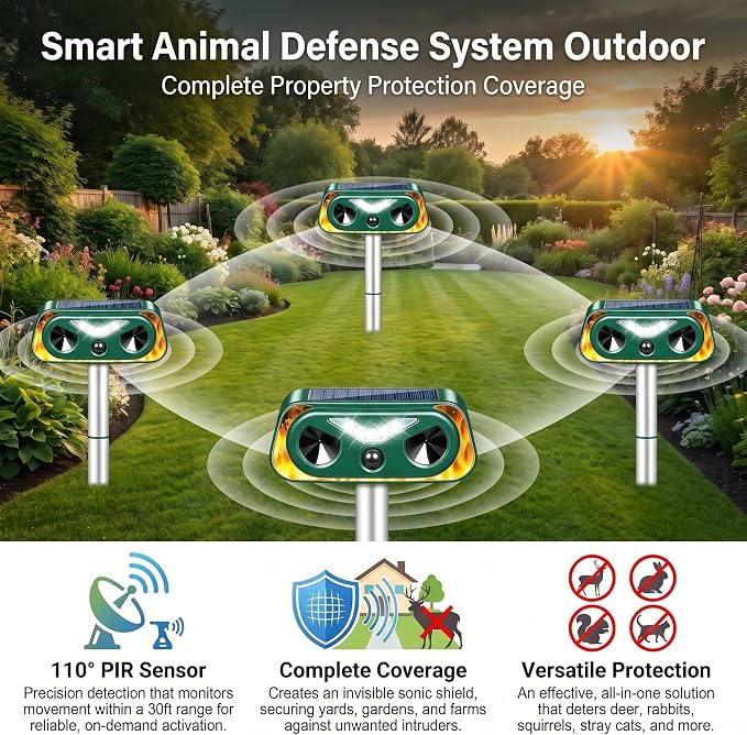 4 Pack Solar Ultrasonic Animal Repellent Outdoor, Motion Sensor Deer Repellent Device with LED Strobe Light, IP65 Waterproof Cat Squirrel Raccoon Rabbit Deterrent, Garden Yard Lawn Protection