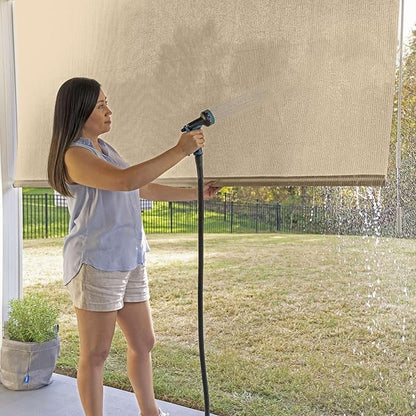 Coolaroo Outdoor Roller Shade with Wand - 80% UV Block Breathable Light Filtering Shade for Patio or Porch, Fade-Resistant, Easy-Clean Fabric, 8ft x 6ft, Sesame