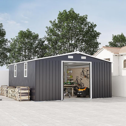 KEIKI 10' x 12' Metal Garden Storage Shed with Foundation Kit, Double Door Outdoor Tool Shed with 2 Windows, Color Steel Construction, Dark Gray