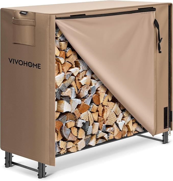 VIVOHOME 4 ft Heavy Duty Firewood Rack Outdoor with Cover, Fire Wood Storage Rack, Log Holder and Cover Combo Set with Zipper, Brown
