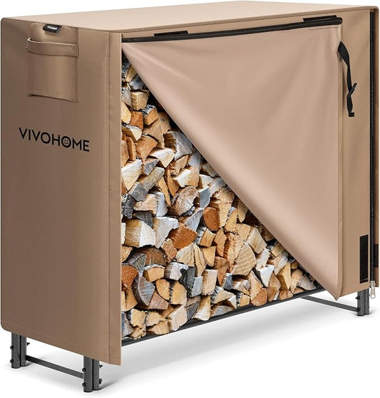 VIVOHOME 4 ft Heavy Duty Firewood Rack Outdoor with Cover, Fire Wood Storage Rack, Log Holder and Cover Combo Set with Zipper, Brown