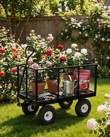 GarveeTech 1000LBS Heavy Duty Steel Garden Cart, Garden Wagon Cart on Wheels, Metal Yard Utility Wagon with Removable Mesh Sides, 13" All Terrain Tires, 180° Rotating Handle for Lawn, Garden, Farm