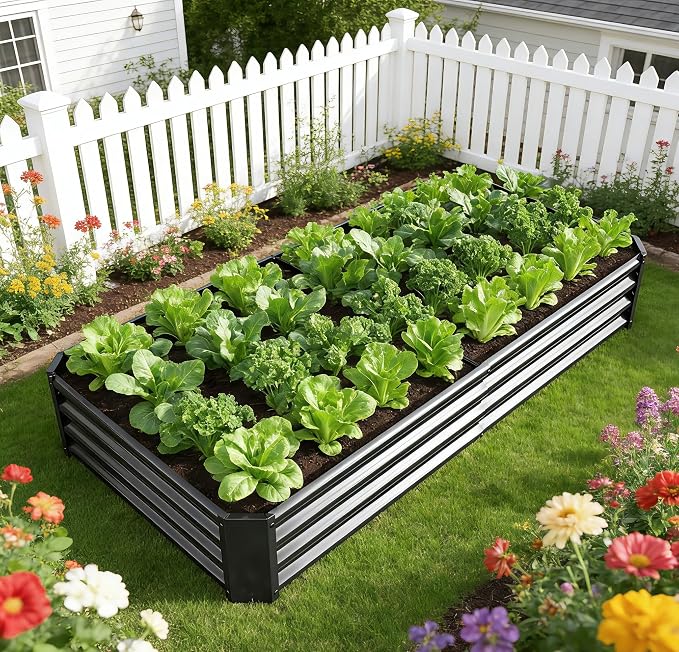 Metal Galvanized Raised Garden Bed Kit, 8 x 4 x 1 ft Galvanized Steel Raised Garden Planter Box Outdoor with Open Base for Growing Vegetables/Flowers/Herbs/Fruits/Succulents, Rectangle, Black
