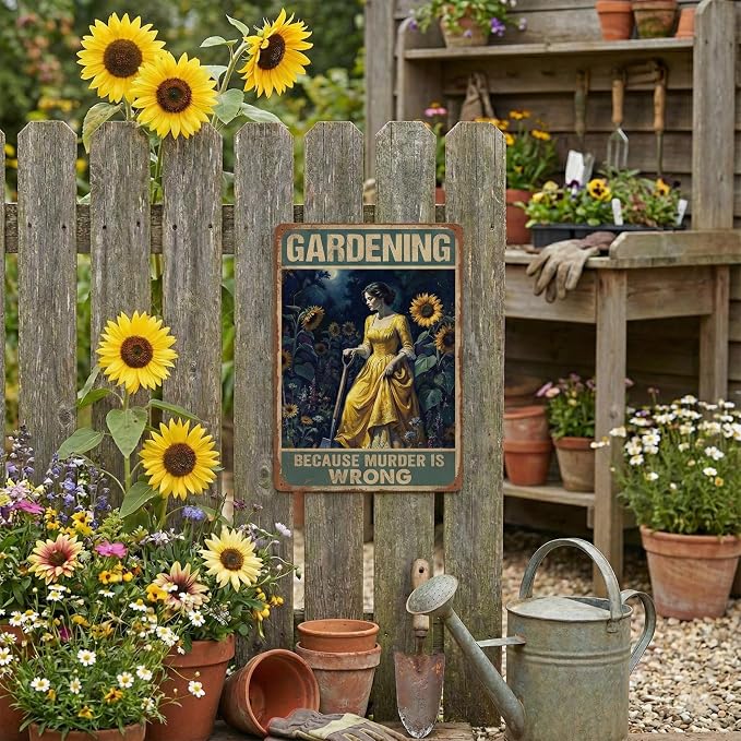 Garden Decor Sign Gardening Because Murder Is Wrong Wall Art | Garden Lovers • Patio Yard Display • Garden Theme • Vintage Humor Style • UV Printed • 8x12 Inch