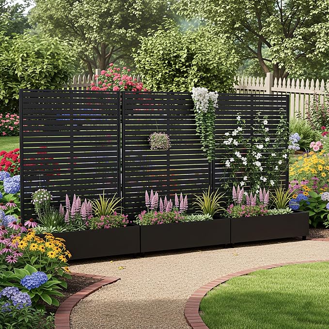 Casaphoria Metal Raised Garden Bed with Trellis and Wheels, 72"x47"x16" Planter Box for Climbing Plants, Vegetables & Vines, Features Drainage Holes and Privacy Screen (Black-Louver)