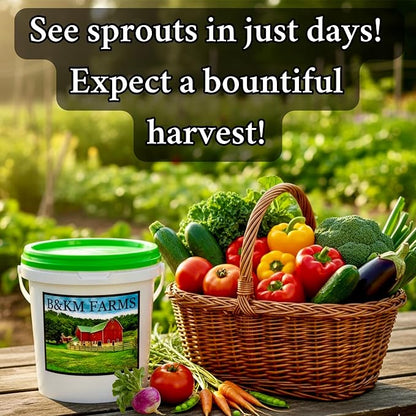 B&KM Farms 100,000+ Heirloom Survival Seed Kit | 50+ Non-GMO Vegetable & Fruit Varieties | 100 Seed Packets | 5-15 Year Food Storage | Weatherproof Bucket for A Sustainable, Self-Sufficient Garden