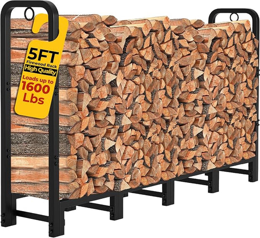 Amagabeli 5ft Firewood Log Rack Outdoor Heavy Duty Logs Holder for Fireplace Indoor Outdoor Adjustable Wood Racks for Fire Wood Holder Metal Pile Stand Storage Stacker Organizer Black