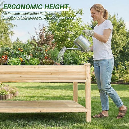 48 x 23 x 31 Inches Raised Garden Bed with Legs, Elevated Wooden Planter Box for Outdoor Plants with Water Collection Tray, Storage Shelf, Protective Liner, Natural