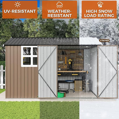 IRONCK 10x8.2 FT Outdoor Storage Shed with Clear Window, Tool Shed, Brown | Lockable Doors, Breathable Ventilation, 9.5x8 FT Base, Outdoor Shed For Generators/Bikes/Wheelbarrows