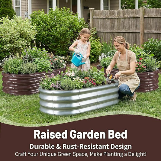 GOOZOO 2PC Galvanized Planter Raised Garden Bed, 4x2x1ft Brown | For vegetables, flowers, herbs, fruits. Oval metal box. Easy assembly. Rust-resistant galvanized steel.Outdoor use. 1ft depth