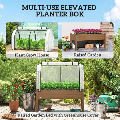 Outsunny Raised Garden Bed with PE Greenhouse Cover Outdoor Elevated Wood Planter Box for Herbs and Vegetables, Use for Patio, Backyard, Balcony, 48 x 22 x 46 inch, Brown