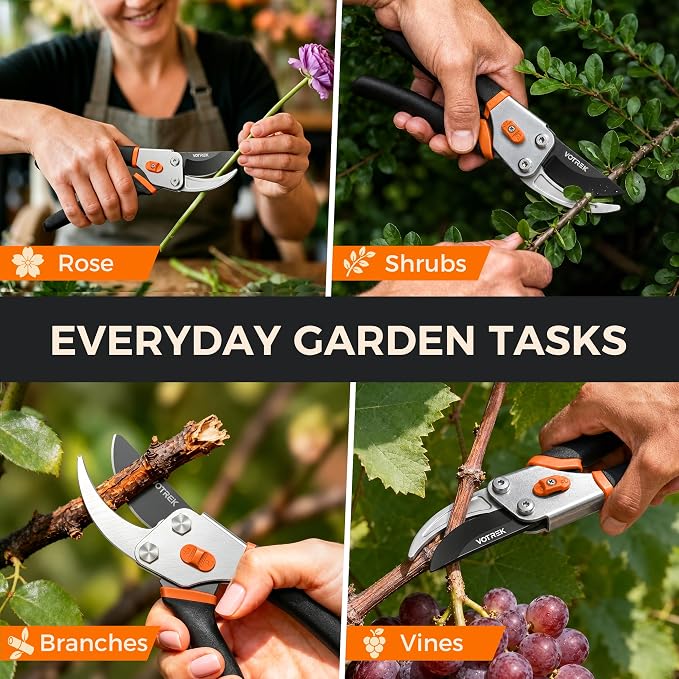 VOTREK® Pruning Shears, 8.5” Professional Garden Pruner with Jam-Proof Spring & Ever-Sharp SK5 Blade, Ergonomic Bypass Clippers for Rose, Tree Trimming, Heavy Duty Bonsai Scissor for Weak Hand