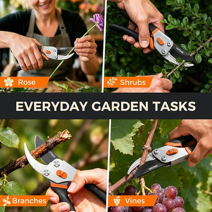 VOTREK® Pruning Shears, 8.5” Professional Garden Pruner with Jam-Proof Spring & Ever-Sharp SK5 Blade, Ergonomic Bypass Clippers for Rose, Tree Trimming, Heavy Duty Bonsai Scissor for Weak Hand