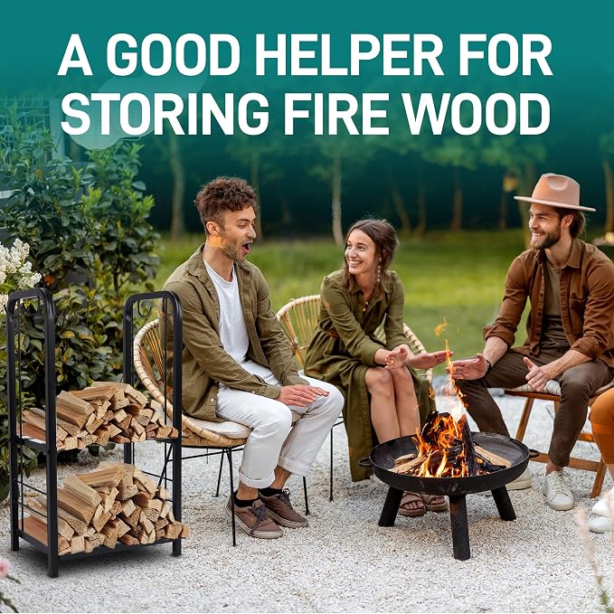 SereneLife Heavy Duty Firewood Rack Holder, Metal Log Storage Organizer with Shelves & Fireplace Tools, Black Powder Coated Wood Stacker for Indoor Fireplace, Outdoor Patio, Deck, Backyard