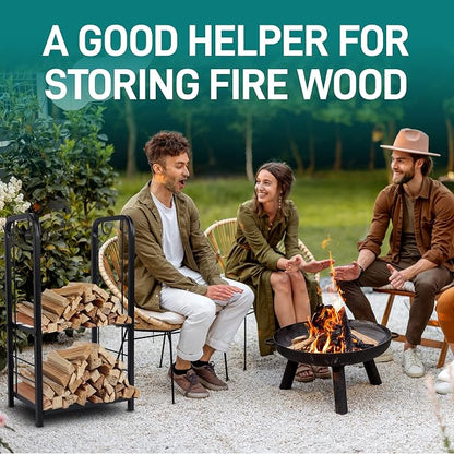 SereneLife Heavy Duty Firewood Rack Holder, Metal Log Storage Organizer with Shelves & Fireplace Tools, Black Powder Coated Wood Stacker for Indoor Fireplace, Outdoor Patio, Deck, Backyard
