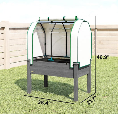 Outsunny Raised Garden Bed with PE Greenhouse Cover Outdoor Elevated Wood Planter Box for Herbs and Vegetables, Use for Patio, Backyard, Balcony, 35 x 22 x 47 inch, Dark Gray