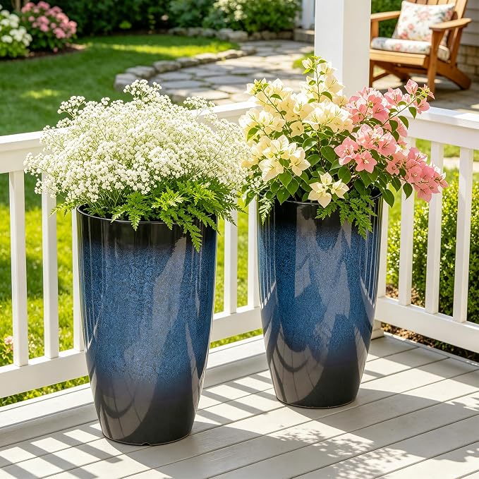 Autodaya 23.8" Large Cobalt Blue Tall Planters, Set of 2 Plastic Pots | Gradient Cobalt Blue Finish, Lightweight And Weather-Resistant Plastic Build, for Porch, Garden, Patio, Deck, or Indoor Use