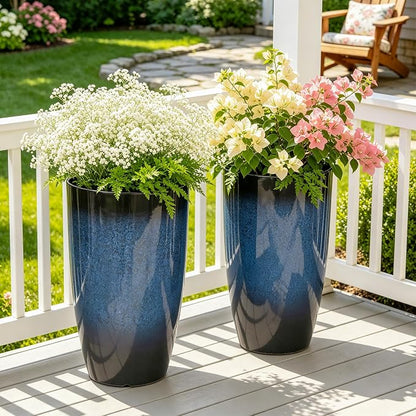 23.75" Cobalt Blue Plastic Tall Outdoor Planters with Drainage Holes | Set of 2 PP tall planters with cobalt gradient finish, drainage plugs, and UV-treated surface for porch, patio, or indoors