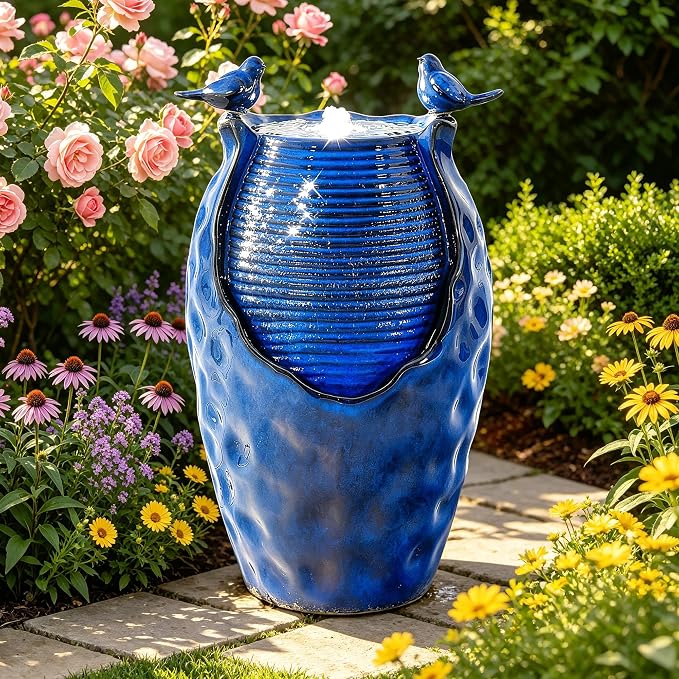 Autodaya 25" Ceramic Outdoor Fountain, Honeycomb Jar Design with LED | Bird-Friendly Decorative Garden Water Feature with ambiant lighting, Soothing Trickling Waterfall for Patio Backyard Oasis