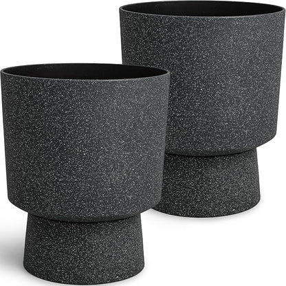 2-Pack 16.8" Black Terrazzo Pedestal Planters with Drainage Holes | Set of 2 PP pedestal planters with black terrazzo finish, drainage plugs, and weather-resistant surface for porch or patio