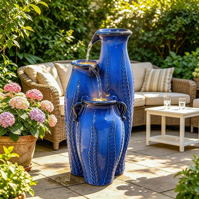 29.5" H Ceramic Outdoor Water Fountain with LED Lights, 3-Tier Vase Cascading Water Feature, Cobalt Blue with Embossed Leaf Patterns, Tranquil Waterfall for Garden, Patio, Yard, or Porch
