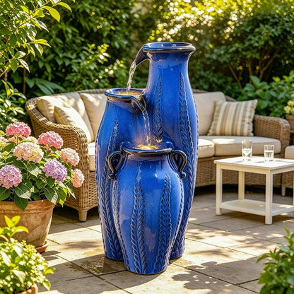 29.5" H Ceramic Outdoor Water Fountain with LED Lights, 3-Tier Vase Cascading Water Feature, Cobalt Blue with Embossed Leaf Patterns, Tranquil Waterfall for Garden, Patio, Yard, or Porch