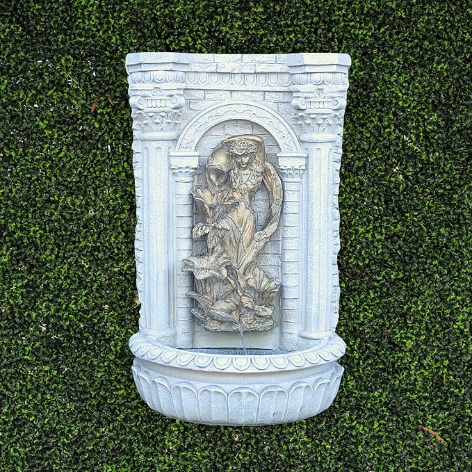 XBrand 30.3" Solar-Powered Wall Fountain with Gold Flower Maiden Statue, Antique Stone Waterfall Design for Garden, Yard Décor & Bird Bath, Polyresin