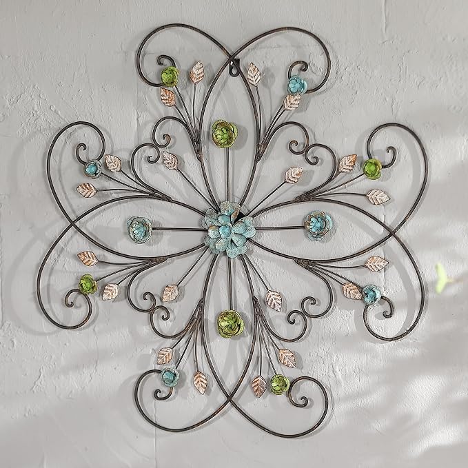 Phaxth 24" Metal Flower Wall Art Decor with Rust Leaf, Large Scroll Outdoor Wall Art Decor