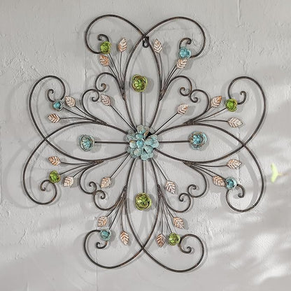 Phaxth 24" Metal Flower Wall Art Decor with Rust Leaf, Large Scroll Outdoor Wall Art Decor