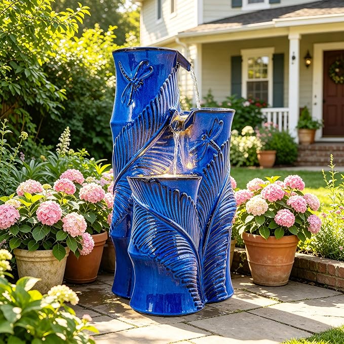 Autodaya 25.5" Ceramic Outdoor Water Fountain with LED Lights, Bamboo-Style | Unique Cobalt Blue Natural Leaf Dragonfly Texture Water Feature, 3-Tier Cascading Waterfall for Garden Patio Yard Relax Oasis