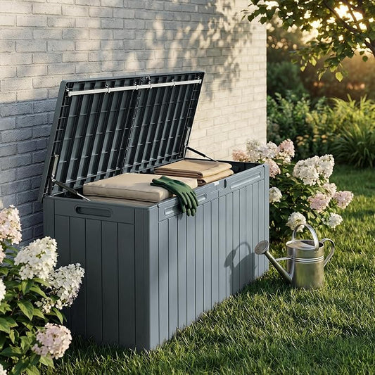 110 Gallon Deck Box Outdoor Indoor Waterproof Storage Box for Patio Furniture, Pool Accessories, Garden Tools, and Cushion Storage, Gray