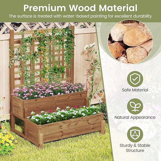 DREAMADE Fir Wood Raised Garden Bed with Trellis, 2-Tier Wooden Elevated Planter Box w/Drainage System, Garden Trellis for Flower, Vegetable, Fruit & Herb (2)
