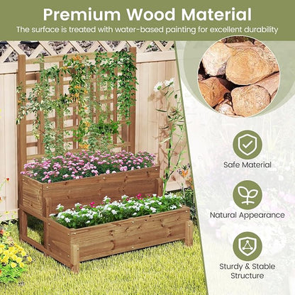 DREAMADE Fir Wood Raised Garden Bed with Trellis, 2-Tier Wooden Elevated Planter Box w/Drainage System, Garden Trellis for Flower, Vegetable, Fruit & Herb (2)