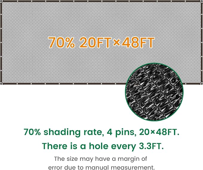 Shade Cloth, 20FT X 48FT 70% Black Outdoor Woven Sun Shade with Grommets, Durable Breathable Netting Shading Antifreezing for Patio, Garden, DIY Home, Plants Cover, Greenhouse, Dog Kennel